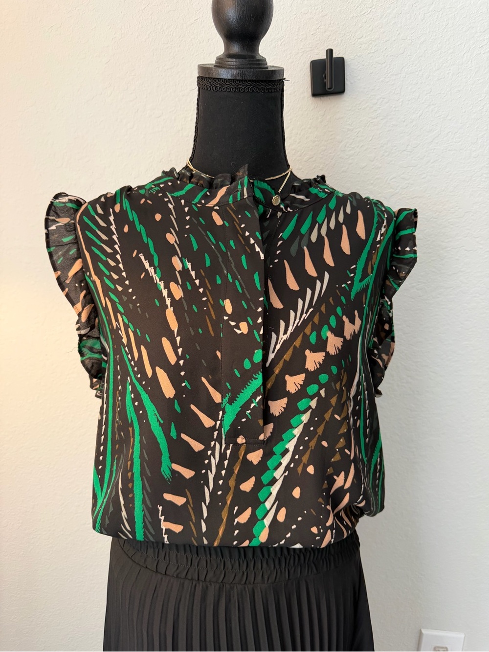 DKNY Black Blouse with Green and Tan Abstract Print
